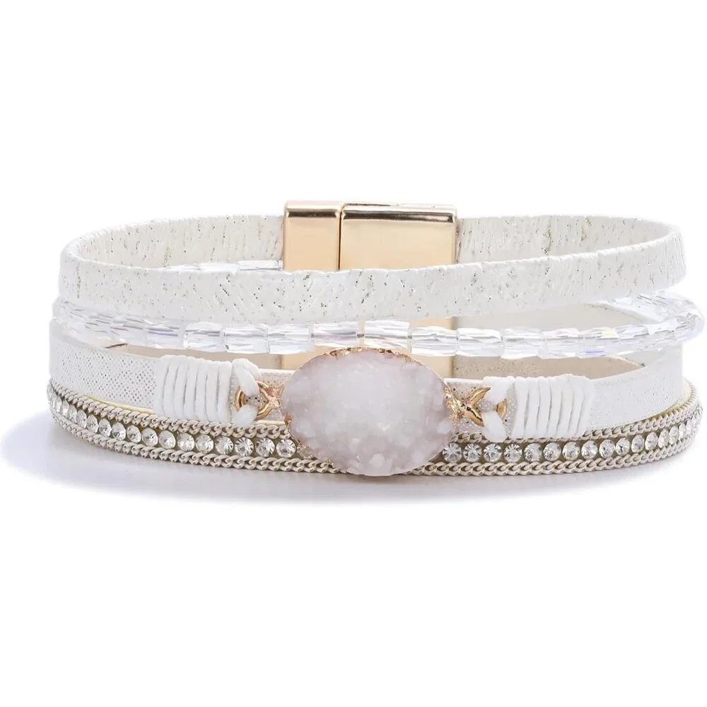 Leather Wrap Bracelet Boho Cuff Bangle Crystal Bead with Magnetic Clasp for Wome